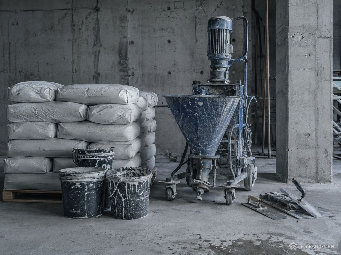 Putzmaschine, Materialsäcke und Werkzeug auf einer Baustelle